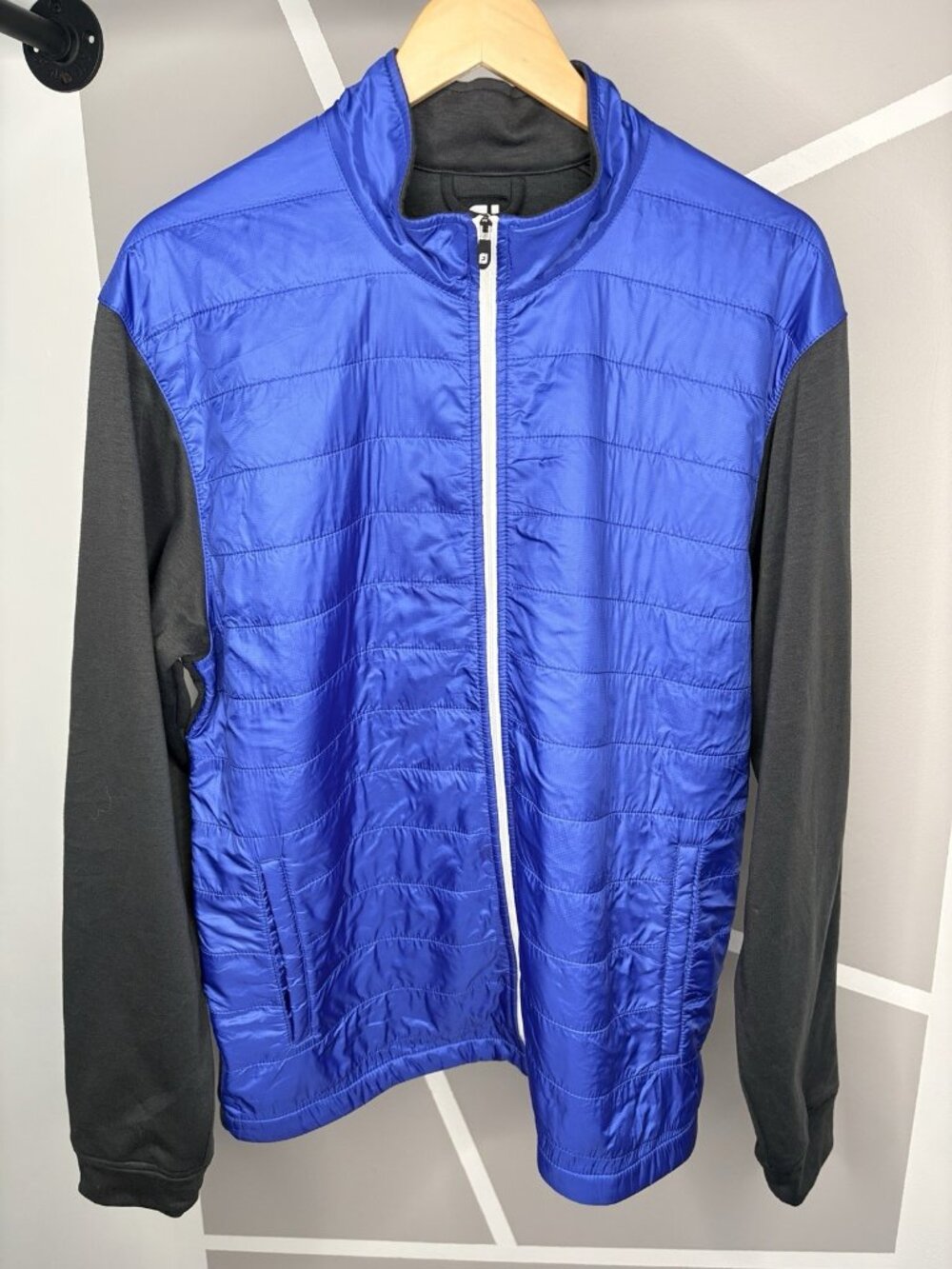 FootJoy Full Zip Hybrid Golf Jacket Men’s L Blue Black Quilted Fleece Lined